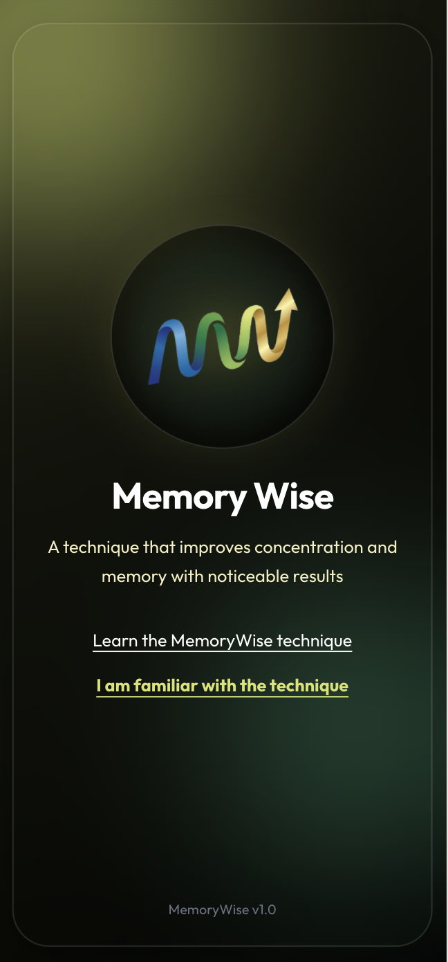 MemoryWise opening screen with the logo and the choice to learn the technique or continue as a familiar user