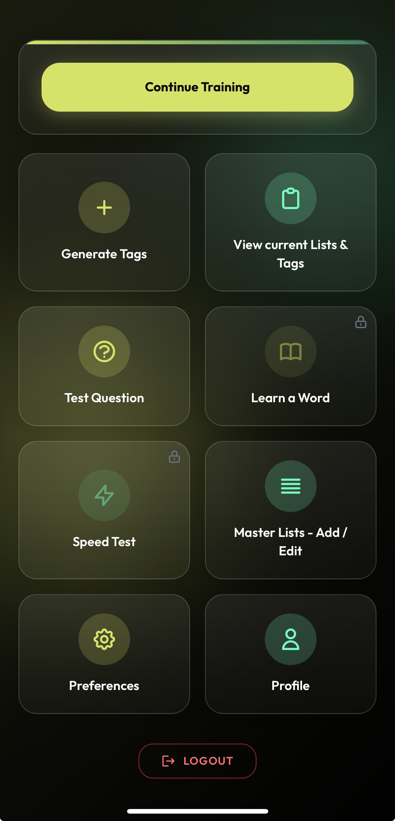 MemoryWise app main menu on a phone
