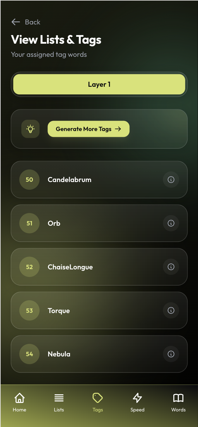 Lists and tags screen