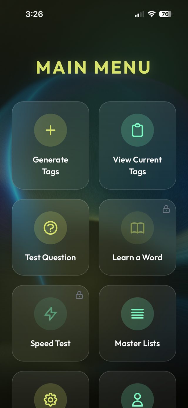 MemoryWise main menu with eight tabs